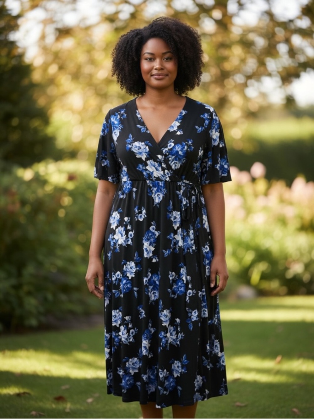 torrid Black Midi Dress with Blue and White Floral Print Size 1*